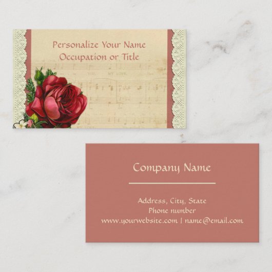 Muziekblad met rode roze & kant visitekaartje (Voorkant / Achterkant)