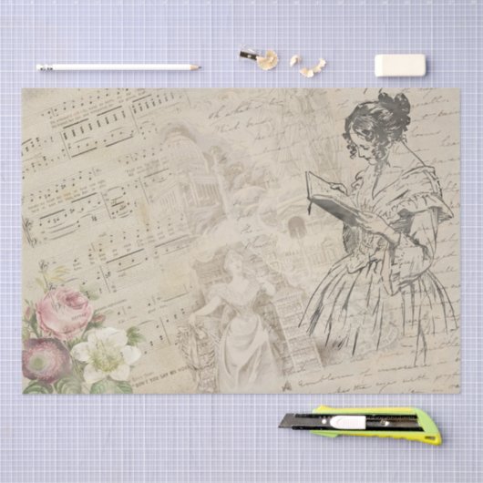  Muziekblad Script Letter Lady Floral Tissuepapier (Craft)