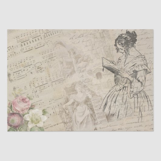  Muziekblad Script Letter Lady Floral Tissuepapier (Voorkant)