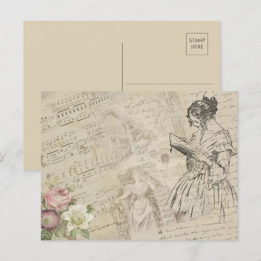 Muziekblad Script Love Letter Lady Floral Briefkaart (Voorkant / Achterkant)