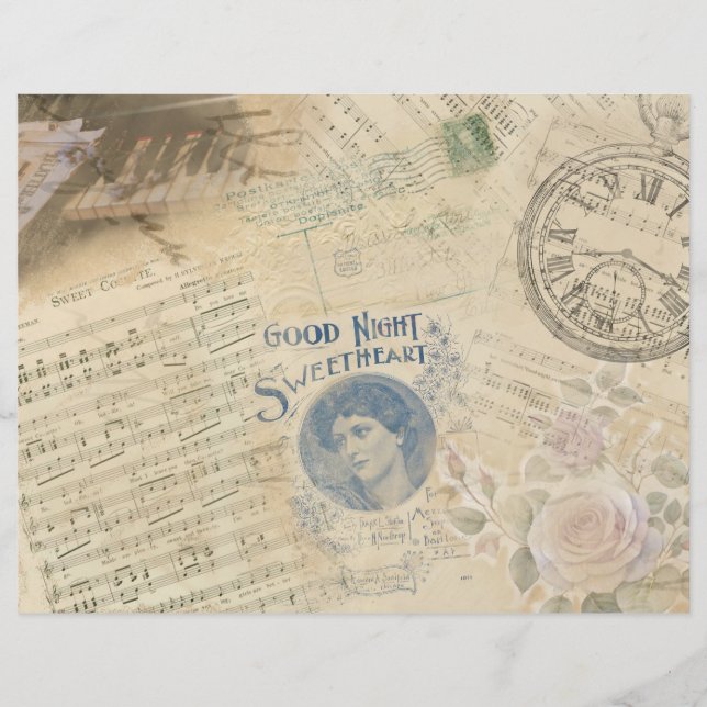 Muziekbladen met rozen Dames Vintage Scrapbook Pap (Voorkant)