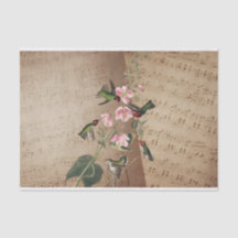 muziekbladen, neuriën, roze bloemen