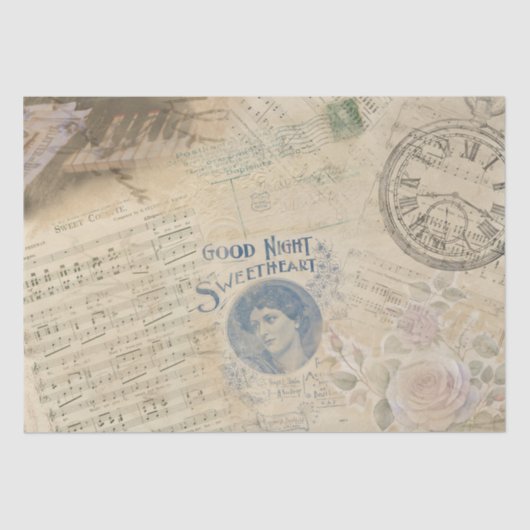  Muziekbladen Rozen Pocket Watch Decoupage Tissuepapier (Voorkant)