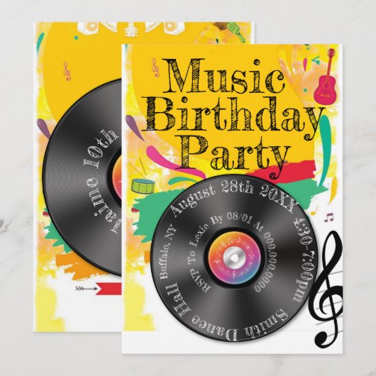 Muziekdanorful Record Birthday Party Kaart (Voorkant / Achterkant)