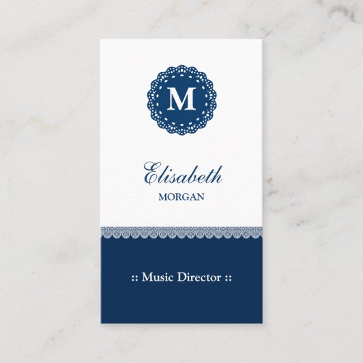 Muziekdirecteur - Elegant Blue Lace Monogram Visitekaartje (Voorkant)