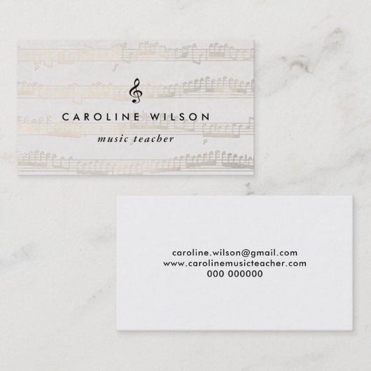 Muziekdocent Black Treble Clef op Faux Gold Notes Visitekaartje (Voorkant / Achterkant)