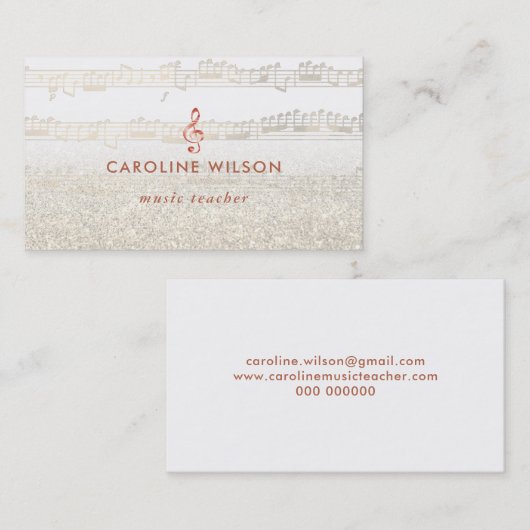 Muziekdocent roos gouden sleutel en faux glitter visitekaartje (Voorkant / Achterkant)