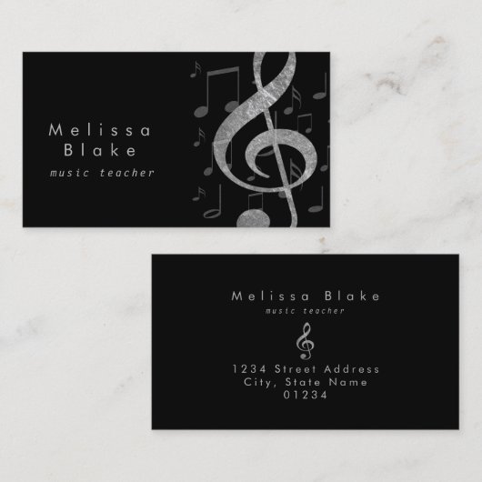 Muziekdocent Silver Grey Treble Visitekaartje (Voorkant / Achterkant)