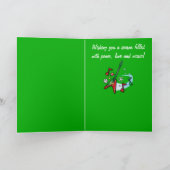 Muziekdocent vakantie met rode en groene gitaar feestdagen kaart (Binnen)