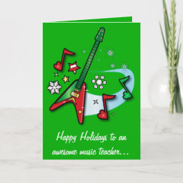 Muziekdocent vakantie met rode en groene gitaar feestdagen kaart
