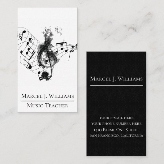 Muziekdocent zwart-wit professional visitekaartje (Voorkant / Achterkant)