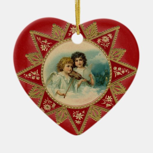 MUZIEKENGELEN IN ROOD HART KERAMISCH ORNAMENT (Voorkant)