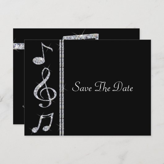 Muziekfans Diamant Glans op Zwarte Bruiloft Aankondigingskaart (Voorkant / Achterkant)