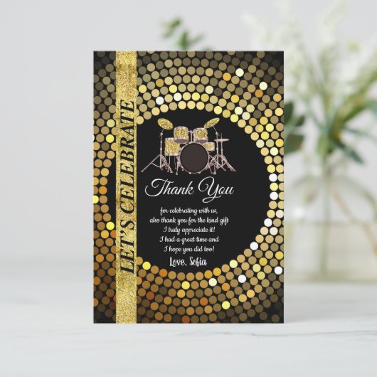 muziekfeest, drum set volwassene, bedankt kaart (Staand voorkant)