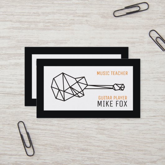 muziekgitaardocent, professioneel zwart wit visitekaartje (Voorkant / Achterkant in situ)