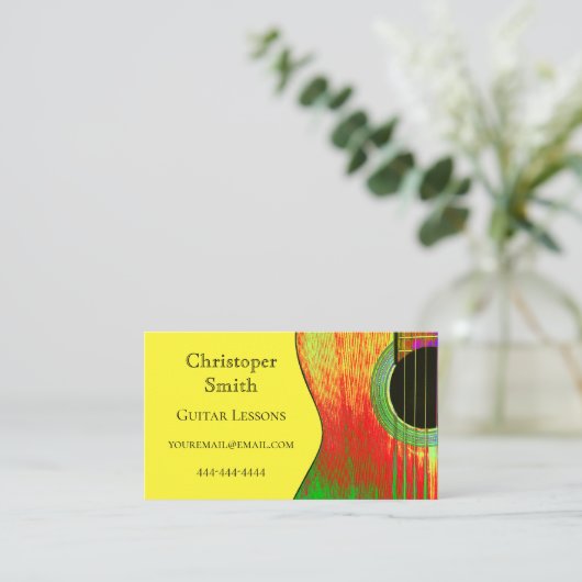 Muziekinstrument Guitar Lessons Yellow Red Visitekaartje (Staand voorkant)