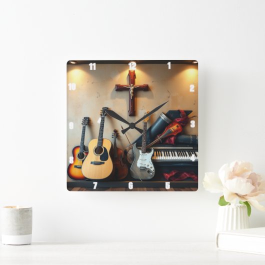 Muziekinstrumenten kruisen schaduw elektrische git vierkante klok (Huis)