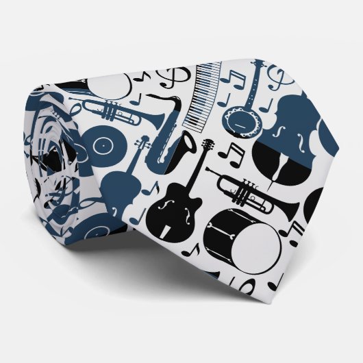 Muziekinstrumentenpatroon 2 tonen.Offwhite BG Stropdas (Opgerold)