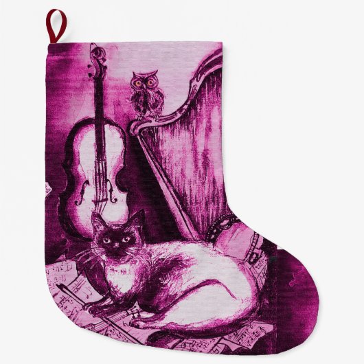 MUZIEKKAT MET OWL-VIOLIN EN HARP,PINK PAARS GROTE KERSTSOK (Voorkant)