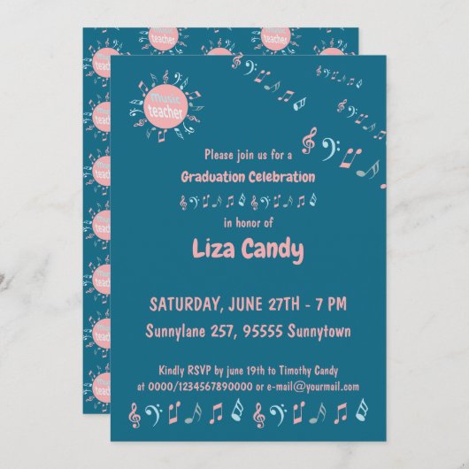 Muziekleraar afstudeerder merkt blauwe achtergrond kaart (Voorkant / Achterkant)