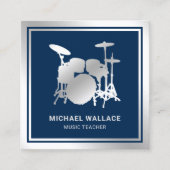 Muziekleraar blauw zilver drummeltje vierkante visitekaartje (Voorkant)