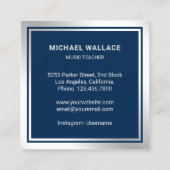 Muziekleraar blauw zilver drummeltje vierkante visitekaartje (Achterkant)