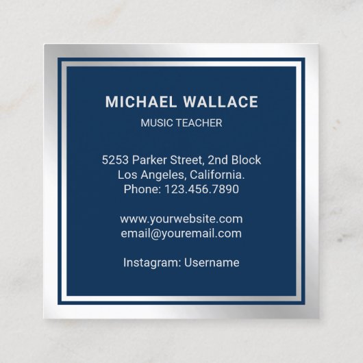 Muziekleraar blauw zilver drummeltje vierkante visitekaartje (Achterkant)