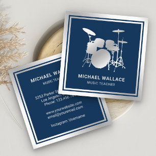 Muziekleraar Blauw Zilver Folie Drumstel Drummer Vierkante Visitekaartje