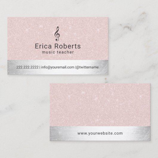 Muziekleraar Blush roze & Silver Musical Visitekaartje (Voorkant / Achterkant)