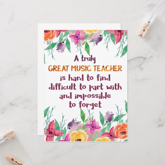 Muziekleraar Classroom Decor Appreciation Gift Kaart (Voorkant / Achterkant in situ)