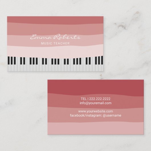 Muziekleraar Coral Red Stripes Piano Keys Musical Visitekaartje (Voorkant / Achterkant)