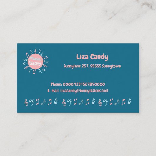 Muziekleraar elegant merkt blauwe achtergrond op contactkaartje (Voorkant)