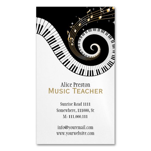 Muziekleraar | Elegant Spiral Clack White Piano Magnetisch Visitekaartje (Voorkant Verticaal)