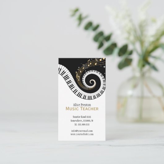 Muziekleraar | Elegant Spiral Clack White Piano Visitekaartje (Staand voorkant)