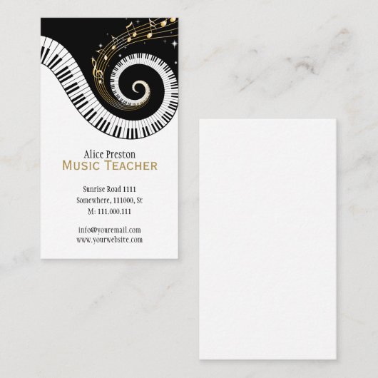 Muziekleraar | Elegant Spiral Clack White Piano Visitekaartje (Voorkant / Achterkant)