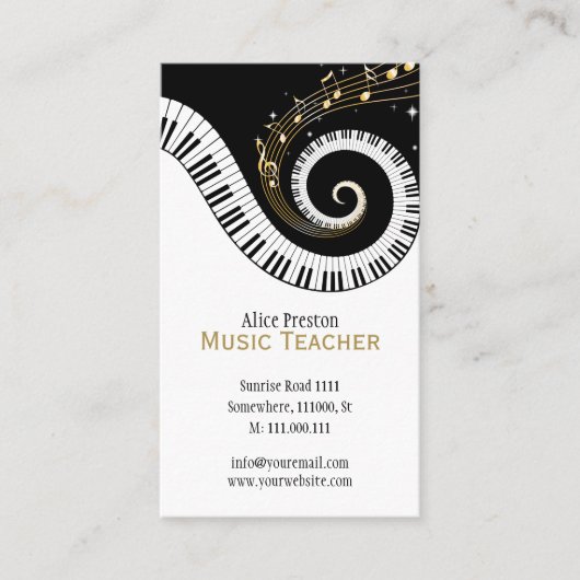 Muziekleraar | Elegant Spiral Clack White Piano Visitekaartje (Voorkant)