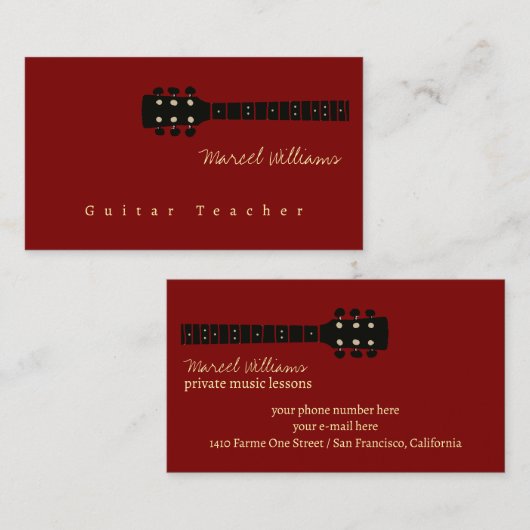 Muziekleraar Gitaar donkerrood Visitekaartje (Voorkant / Achterkant)