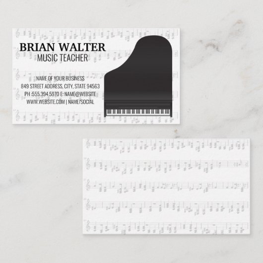 Muziekleraar | Grand Piano | Muzieknoten Visitekaartje (Voorkant / Achterkant)