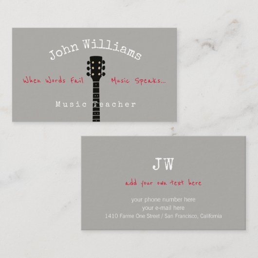 Muziekleraar grijs visitekaartje + gitaarhals (Voorkant / Achterkant)