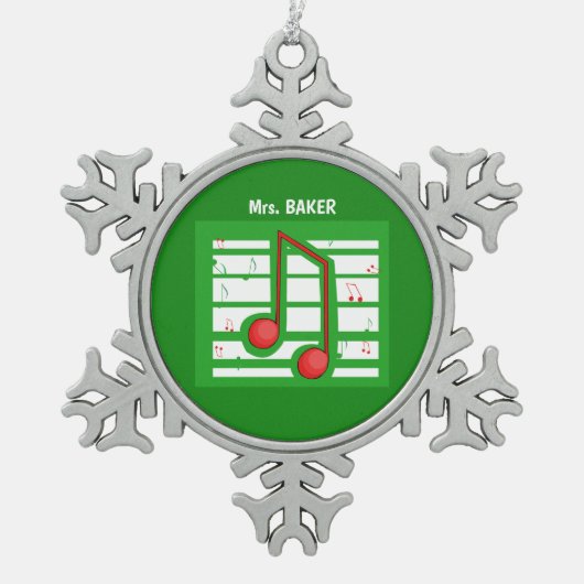 Muziekleraar Kerstmis, notities over groen Tin Sneeuwvlok Ornament (Voorkant)