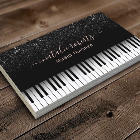 Muziekleraar Modern Black Glitter Piano Keys Visitekaartje