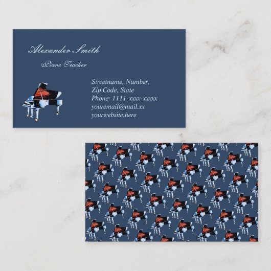 Muziekleraar piano elegant blauw visitekaartje (Voorkant / Achterkant)