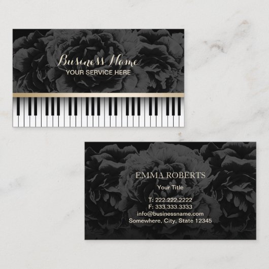 Muziekleraar Piano Keys Elegant Dark Floral Visitekaartje (Voorkant / Achterkant)