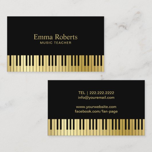 Muziekleraar Piano Keys Modern Black & Gold Visitekaartje (Voorkant / Achterkant)