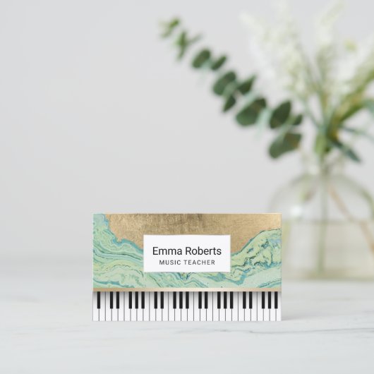Muziekleraar Piano Keys Modern Mint & Gold Visitekaartje (Staand voorkant)
