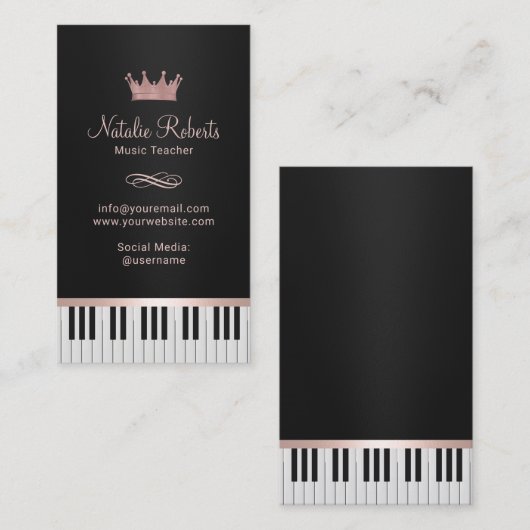 Muziekleraar Piano Keys Roos Gold Crown Visitekaartje (Voorkant / Achterkant)