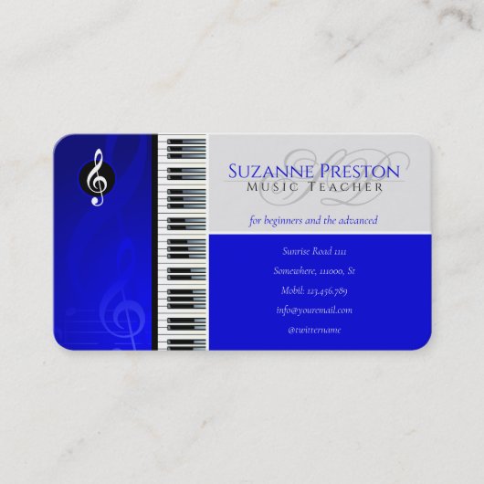 Muziekleraar | Piano toetsen blauw Visitekaartje (Voorkant)