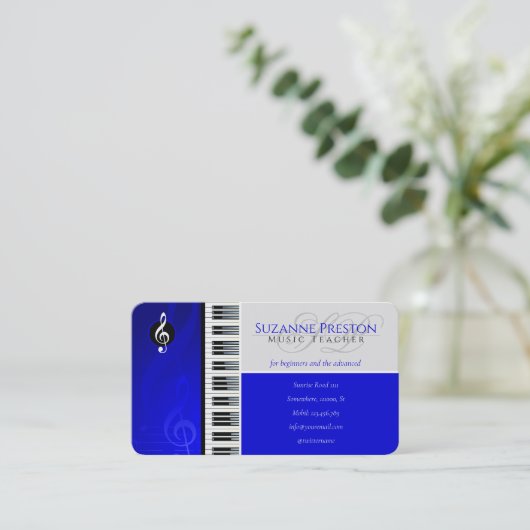 Muziekleraar | Piano toetsen blauw Visitekaartje (Staand voorkant)