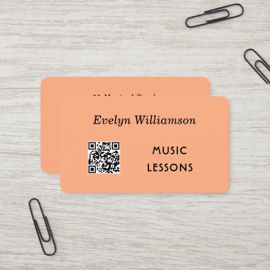 Muziekleraar QR-code stijlvolle perzik Visitekaartje (Voorkant / Achterkant in situ)