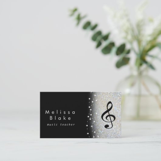 Muziekleraar Zilveren Schaduw Faux Glitter Visitekaartje (Staand voorkant)